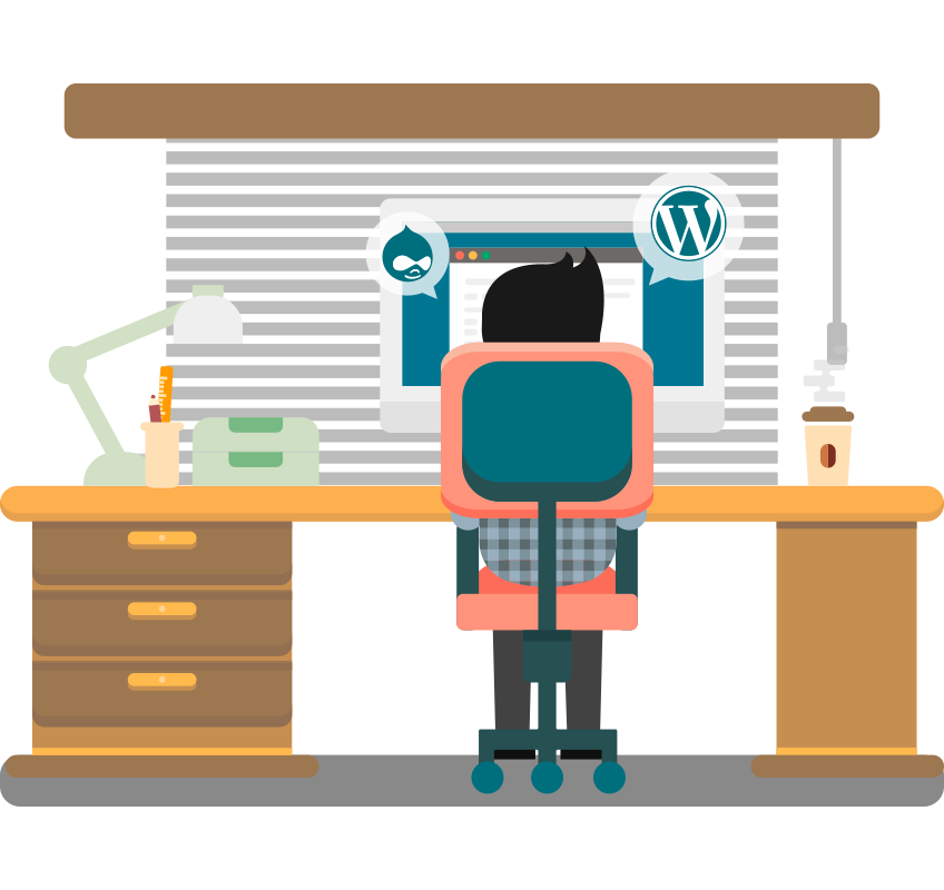 Illustration of Snagged staff member at a computer desk with Wordpress and Drupal icons