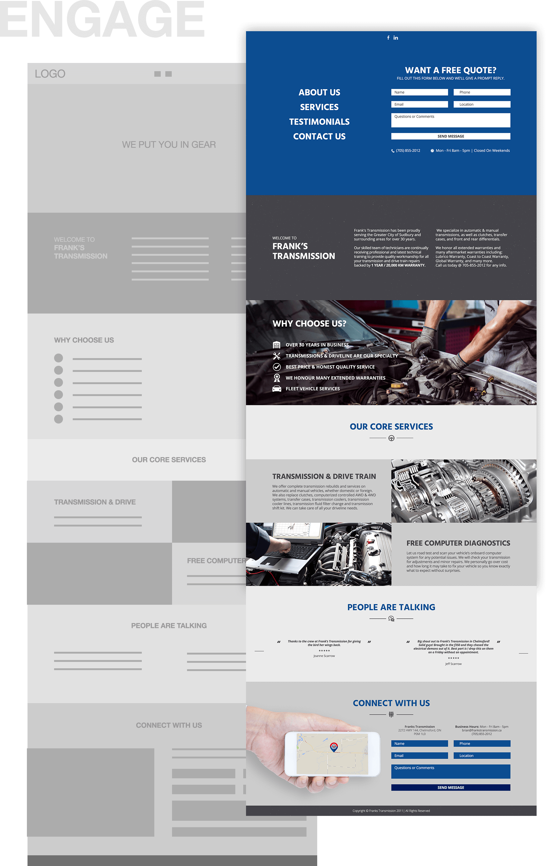 Graphic Design of a wireframe mockup underneath the finished website design