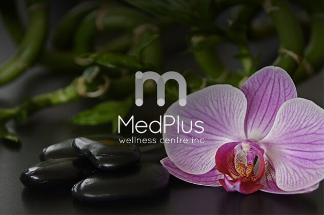 MedPlus Wellness Centre logo above flower, massage rocks and bamboo