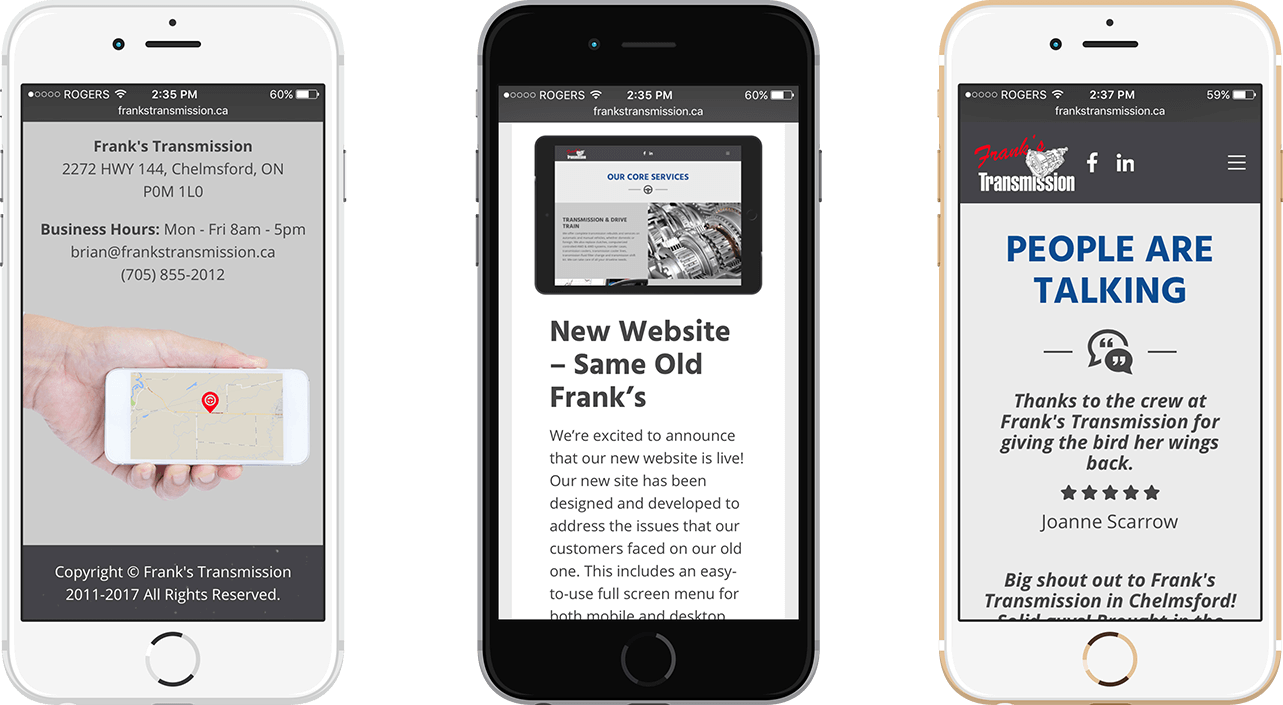 Responsive Design of three Frank's Transmission pages open on mobile phones