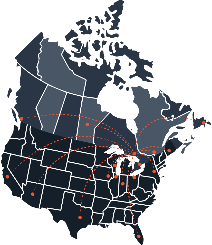 Map of North America with pins showing Snagged Internet Services client locations